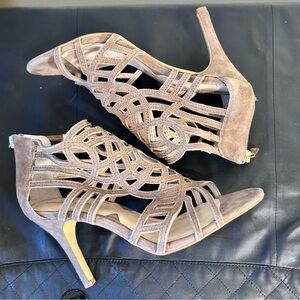 Adrienne Vittadini Gala Tan Suede Leather Cutout Caged Heel Sandal Shoes